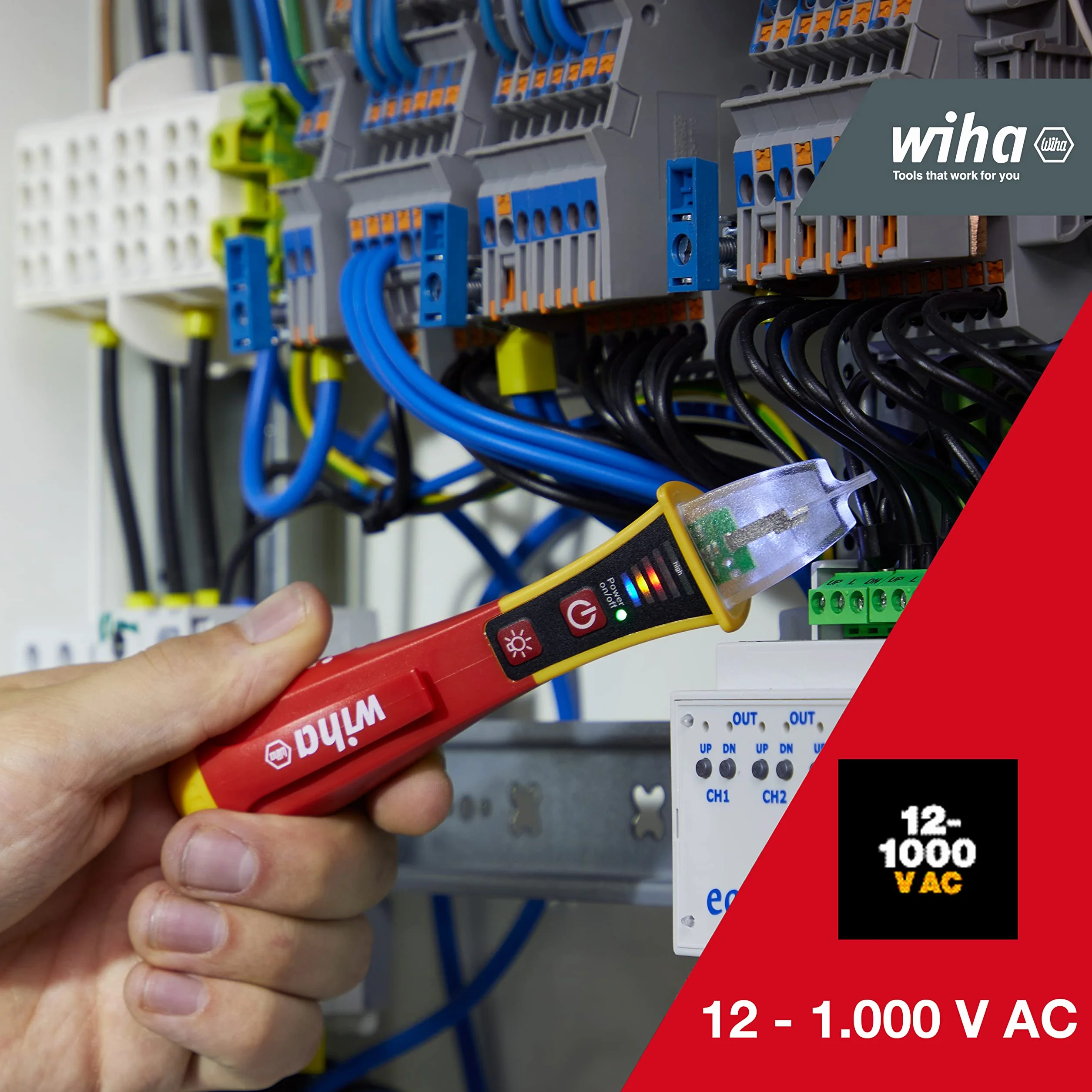 Wiha berührungsloser einpoliger Spannungsprüfer I 12 - 1.000 V AC mit integrierter Taschenlampe inkl. 2x AAA-Batterien (43797)