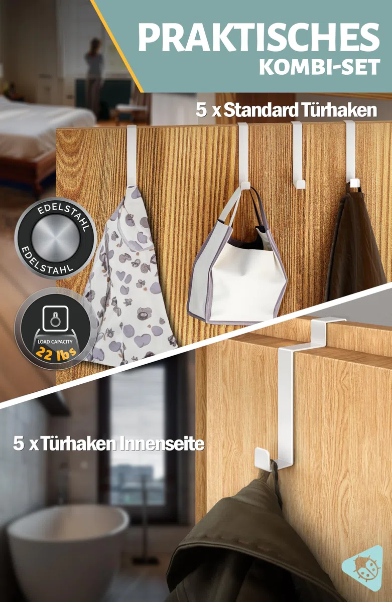Menz Türhaken zum Einhängen, 10 Stück Set in Weiß - 5 x Standard Kleiderhaken Tür + 5 x Türhaken Innenseite, individuell verwendbar, stabile Türgarderobe, Türhakenleiste
