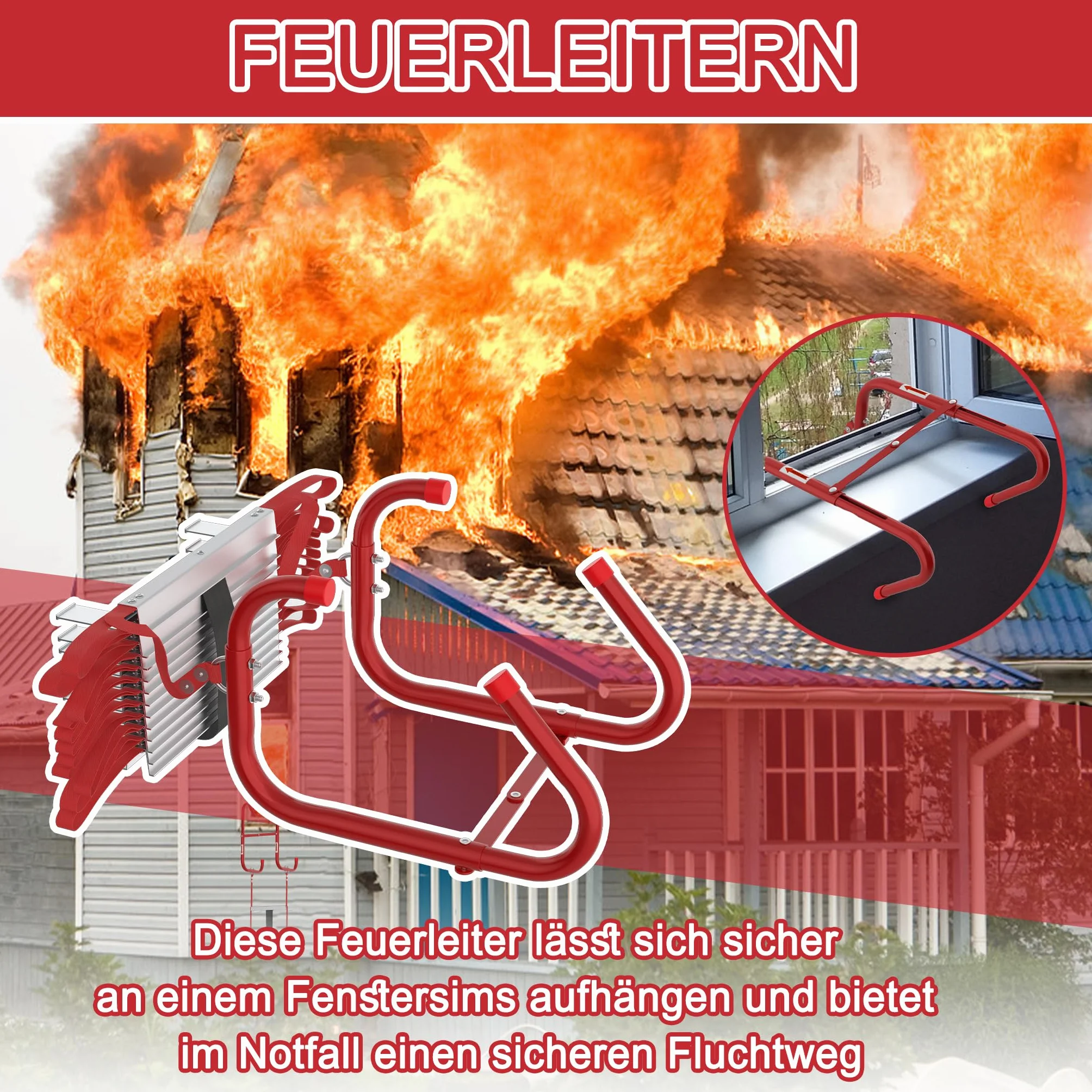 LZQ Feuerleiter Fluchtleiter,Sicherheitsleitern Feuerfeste Rettungsleiter aus Hochfestes Polyester,Max Tragfähigkeit 450 kg,Strickleiter für 3-stöckige Gebäude Balkon Fenster (7.5 M (23 Stufen))