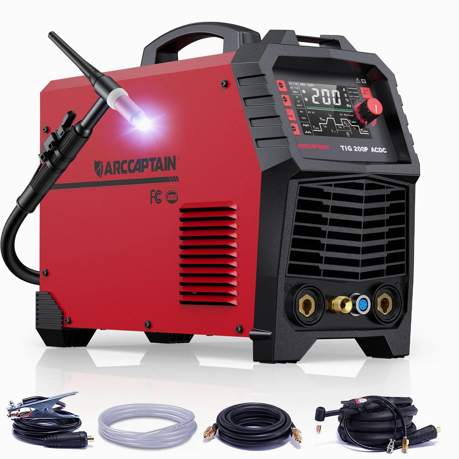 ARCCAPTAIN 200Amp WIG Schweißgerät AC/DC mit Pulsfunktion 230V, Aluminium Schweißen, WIG-Schweißgerät mit Rechteckwellen/Dreieckwellen Punktschweiß, MMA, IGBT 7 in 1 Alu Schweißgerät