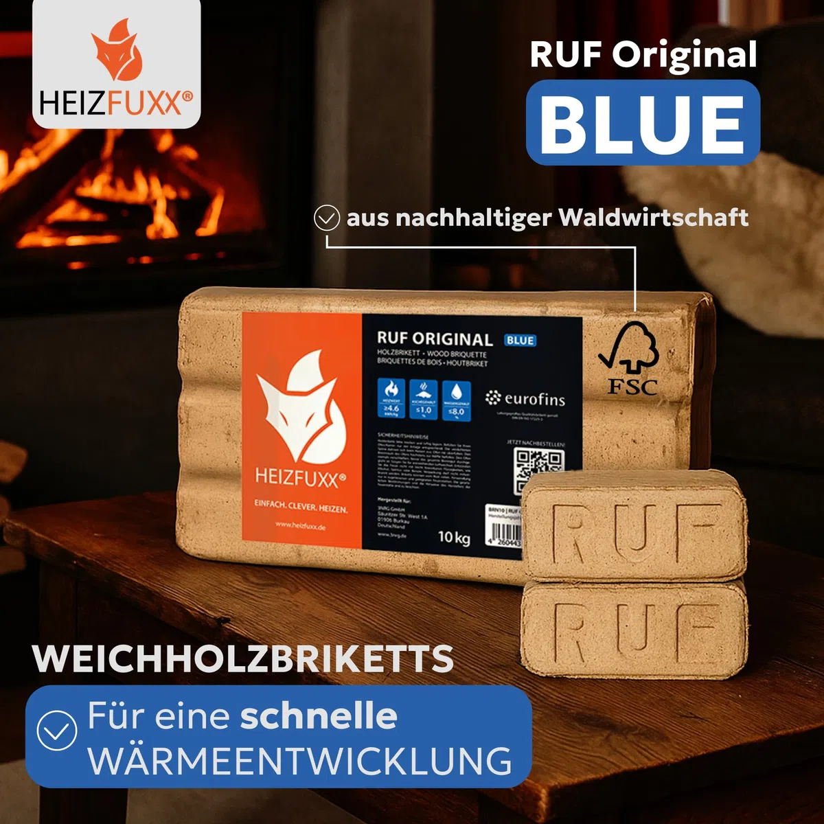 Holzbriketts RUF Original Blue - Weichholzbriketts Palette 300 kg (30x10 kg) - Premium Briketts für Kamin, Heizkessel & Ofen - Hoher Heizwert, geringer Aschegehalt & maximale Energieausbeute