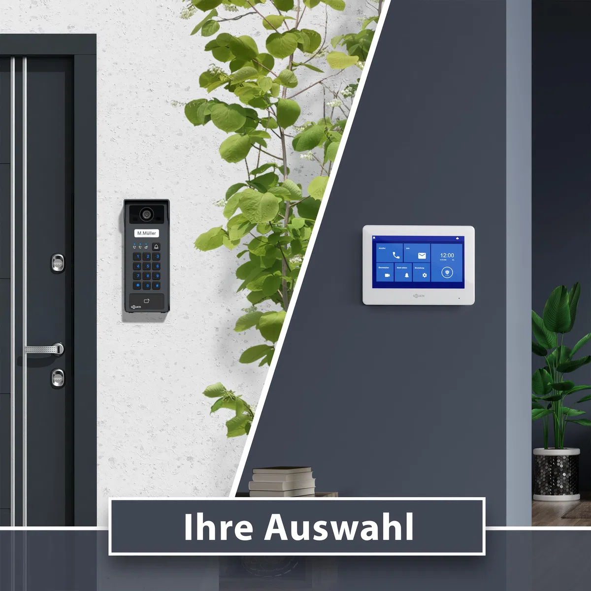 GOLIATH Basic 2-Draht Bus Video-Türsprechanlage, Full-HD, App-Steuerung, 2X 7 Zoll Monitore in Weiß, RFID & Keypad, 1-Familienhaus, Aufputz, AV-BLS-K-02W