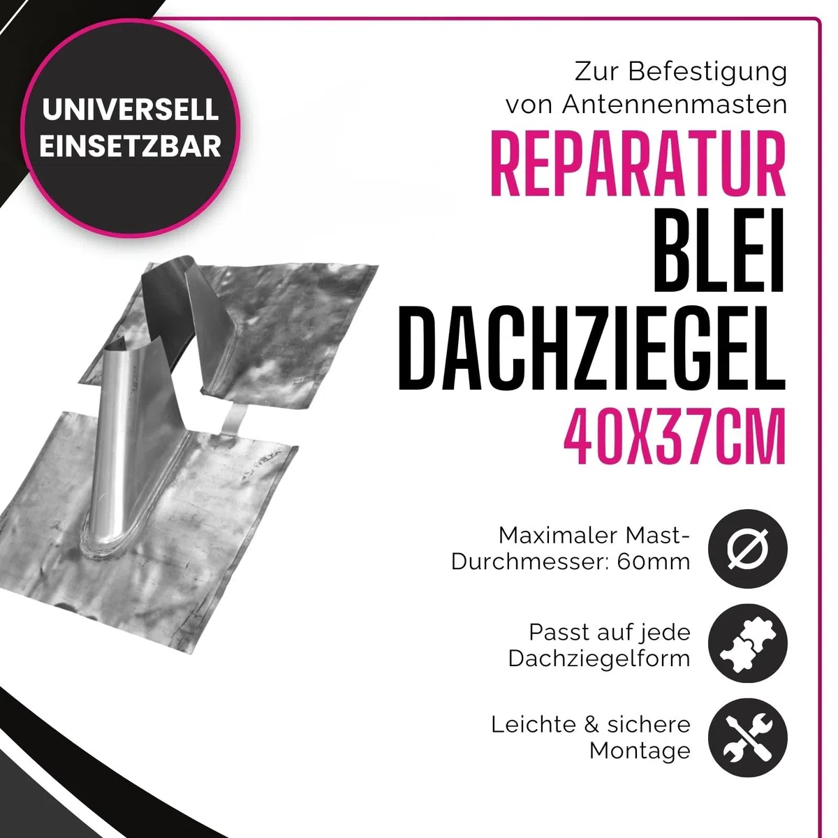 Reparatur Bleidachziegel 40 x 37 cm - ohne Kabeldurchführung I Antennenziegel für Mast bis 60 mm Durchmesser I Universal Dachdurchführung wetterfest zweiteilig I Zubehör Antennenmast