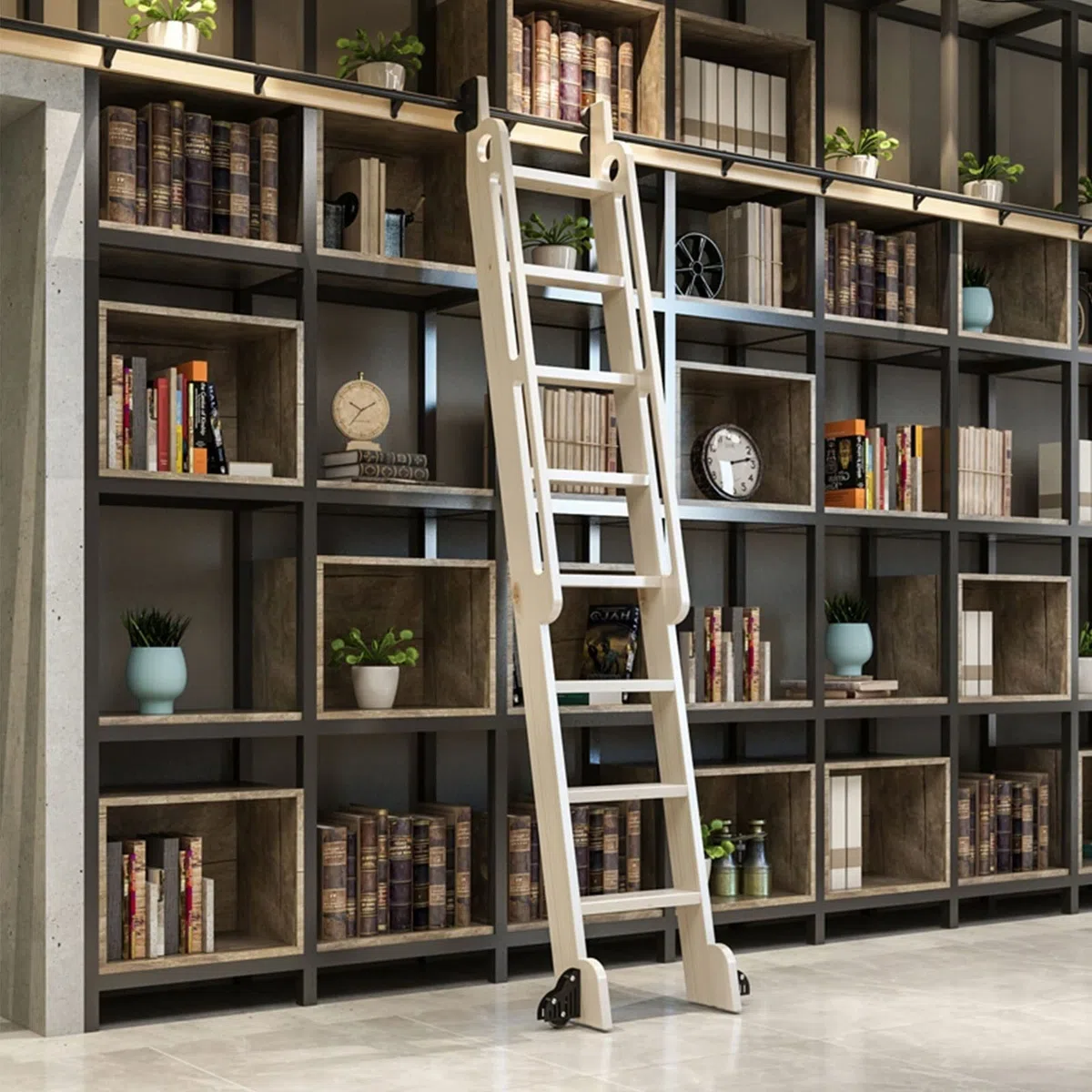 Schwarze rollende Bibliotheksleiter-Hardware, Schiebeleiter-Hardware-Kit (ohne Leiter), mit Bodenrollenrädern, Mobile Leiterschiene aus rundem Stahlrohr (Größe: 10 Fuß/300 cm Schienen-Kit)