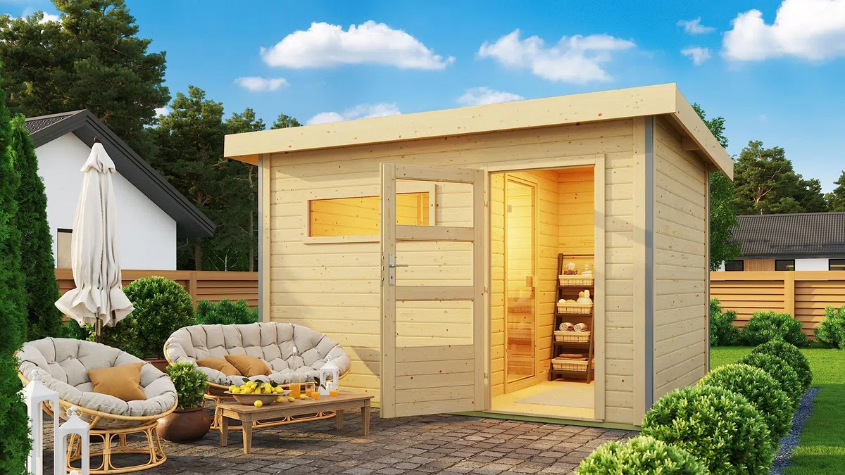 Karibu Saunahaus Helmi Gartensauna Outdoor Dampfkabine naturbelassen/terragrau optional mit Saunaofen (Naturbelassen mit finnischem 9 KW Ofen)