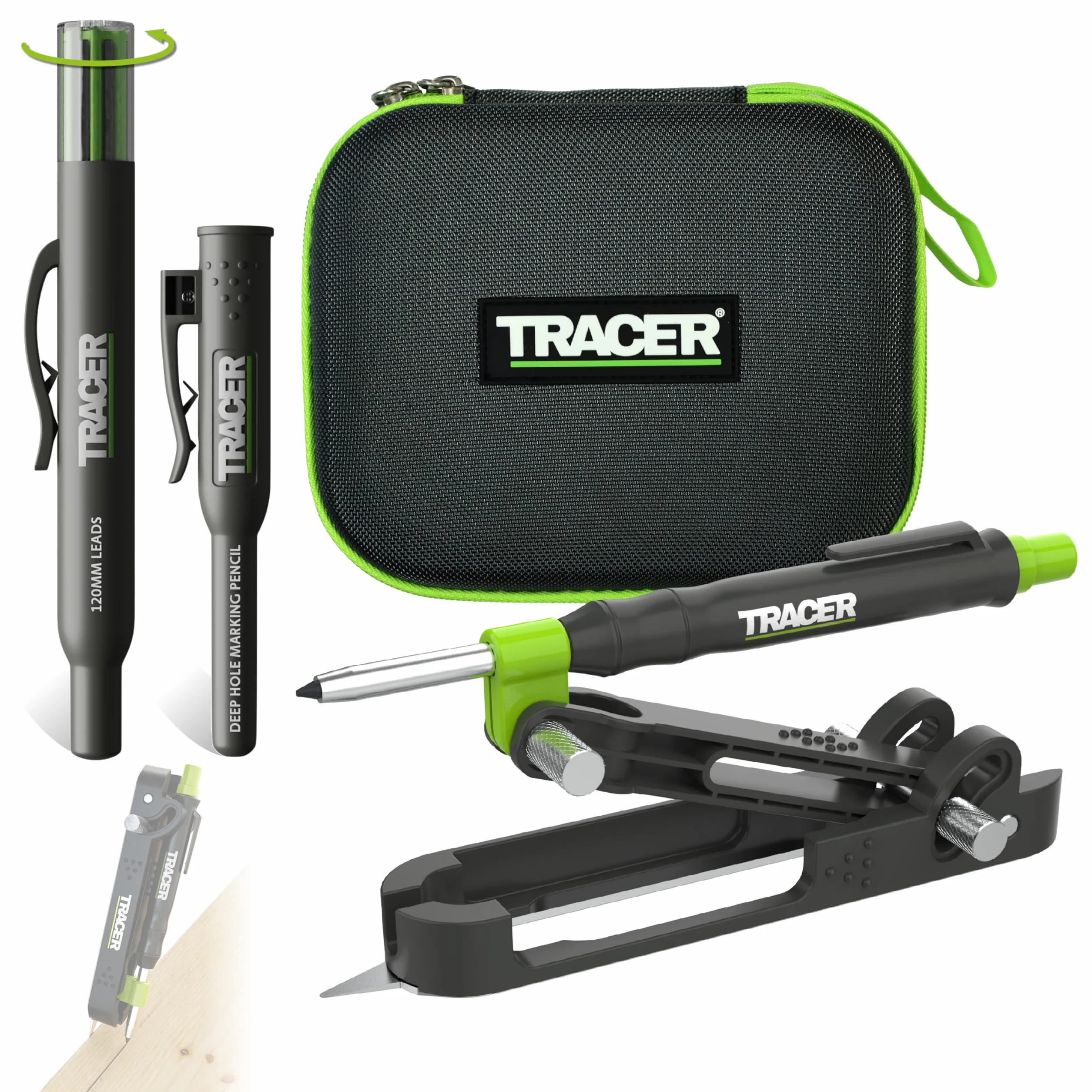 Tracer ProScribe Anreißwerkzeug Set – Multifunktions-Ritzgerät mit Tieflochmarker, 6 Ersatzminenhalter & Tasche | 15 Markieranwendungen | Anreißgerät für Holz, Fliesen & Metall