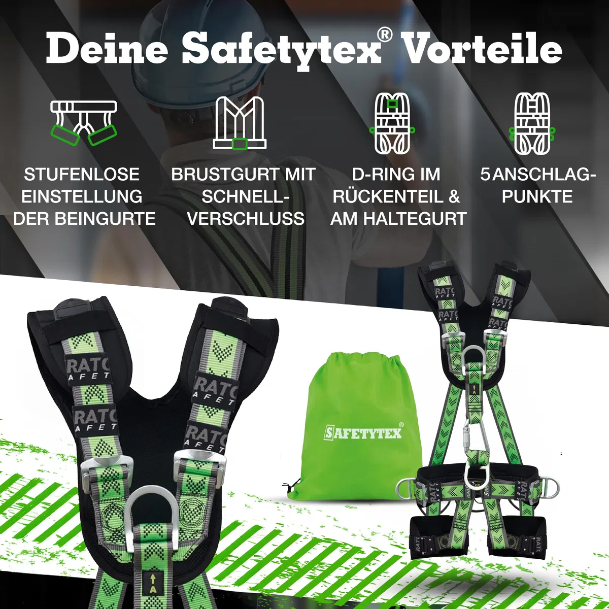 Safetytex 5-Punkt Premium Auffang- und Haltegurt - Fallschutz EN 361 EN 358 EN 813 - Bandfalldämpfer Tragkraft 140 kg - Absturzsicherung