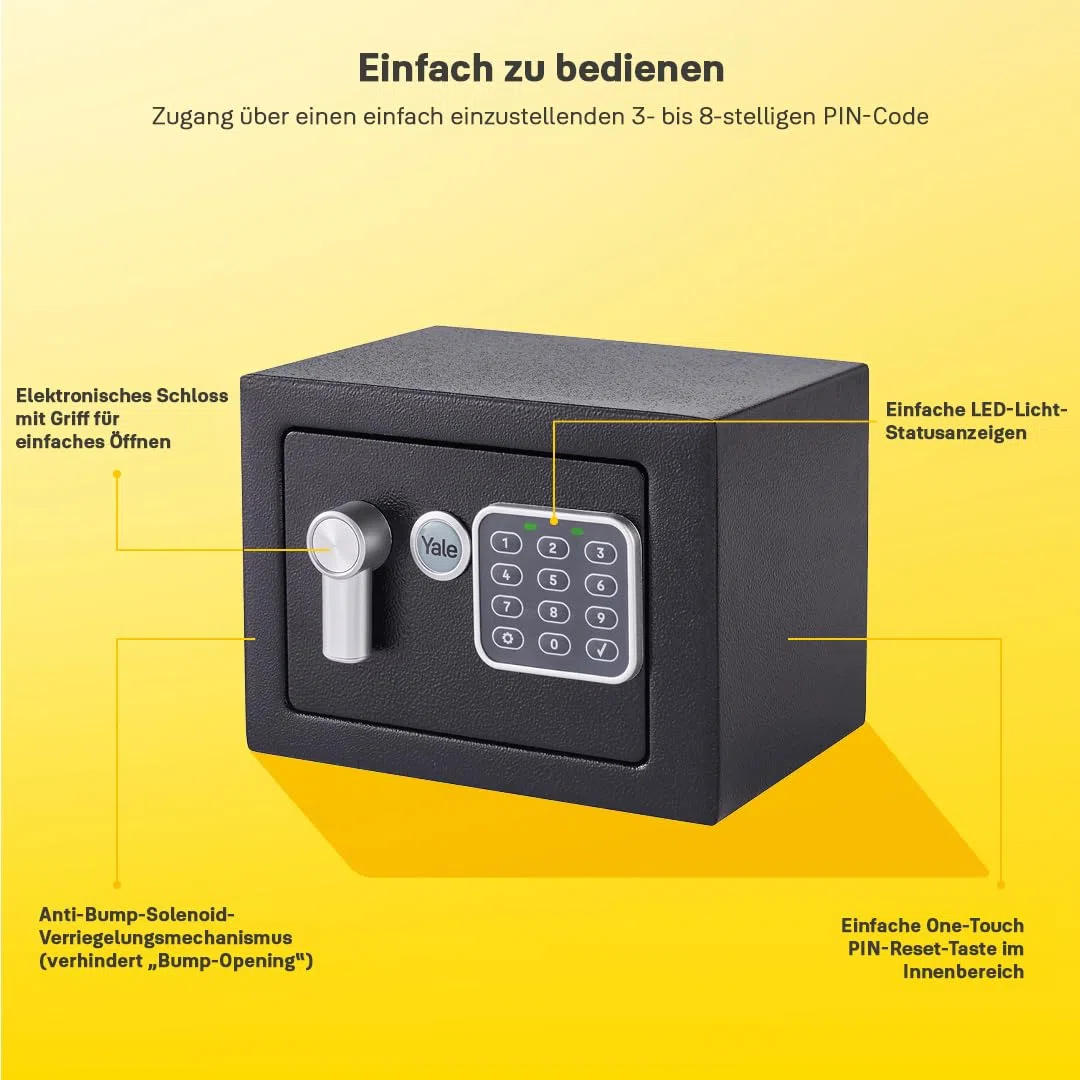 Yale Electronic Safe Mini - Schwarz - YSV/170/DB2 - Standard - Elektronischer Tresor - 3,8 L - 170 x 230 x 170 mm - Tastatur & Schlüssel