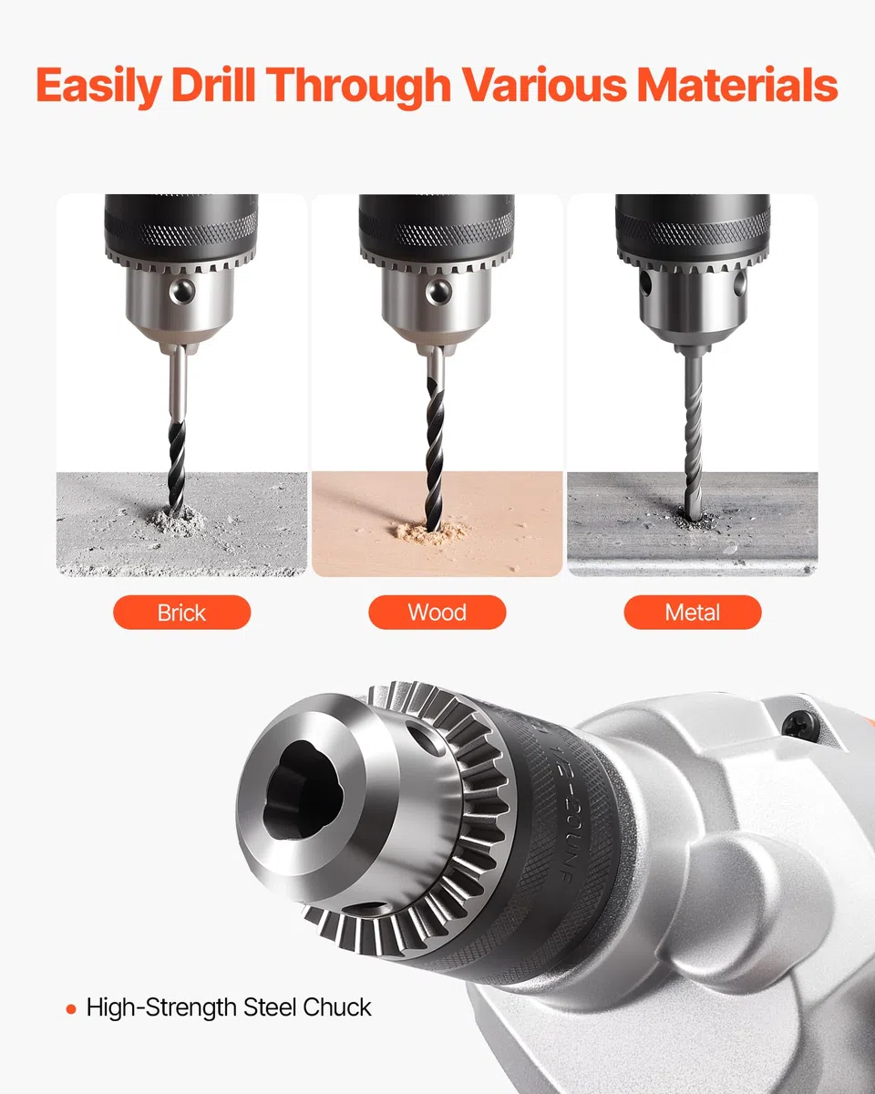 VEVOR elektrische Bohrmaschine 12,7 mm mit Mixer Bohrmaschinenmischer Set 850 U/min 3,2 A Mischbohrmaschine mit D-Griff zum Bohren & Mischen multifunktionale Bohrgerät mit Mischer für Futter Zement