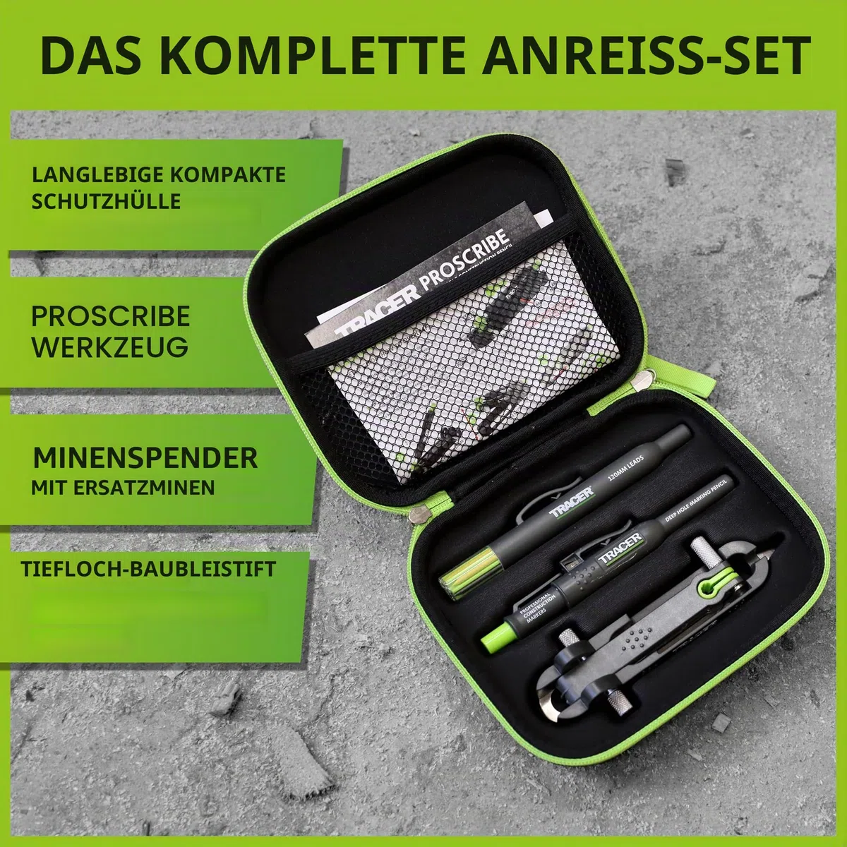 Tracer ProScribe Anreißwerkzeug Set – Multifunktions-Ritzgerät mit Tieflochmarker, 6 Ersatzminenhalter & Tasche | 15 Markieranwendungen | Anreißgerät für Holz, Fliesen & Metall