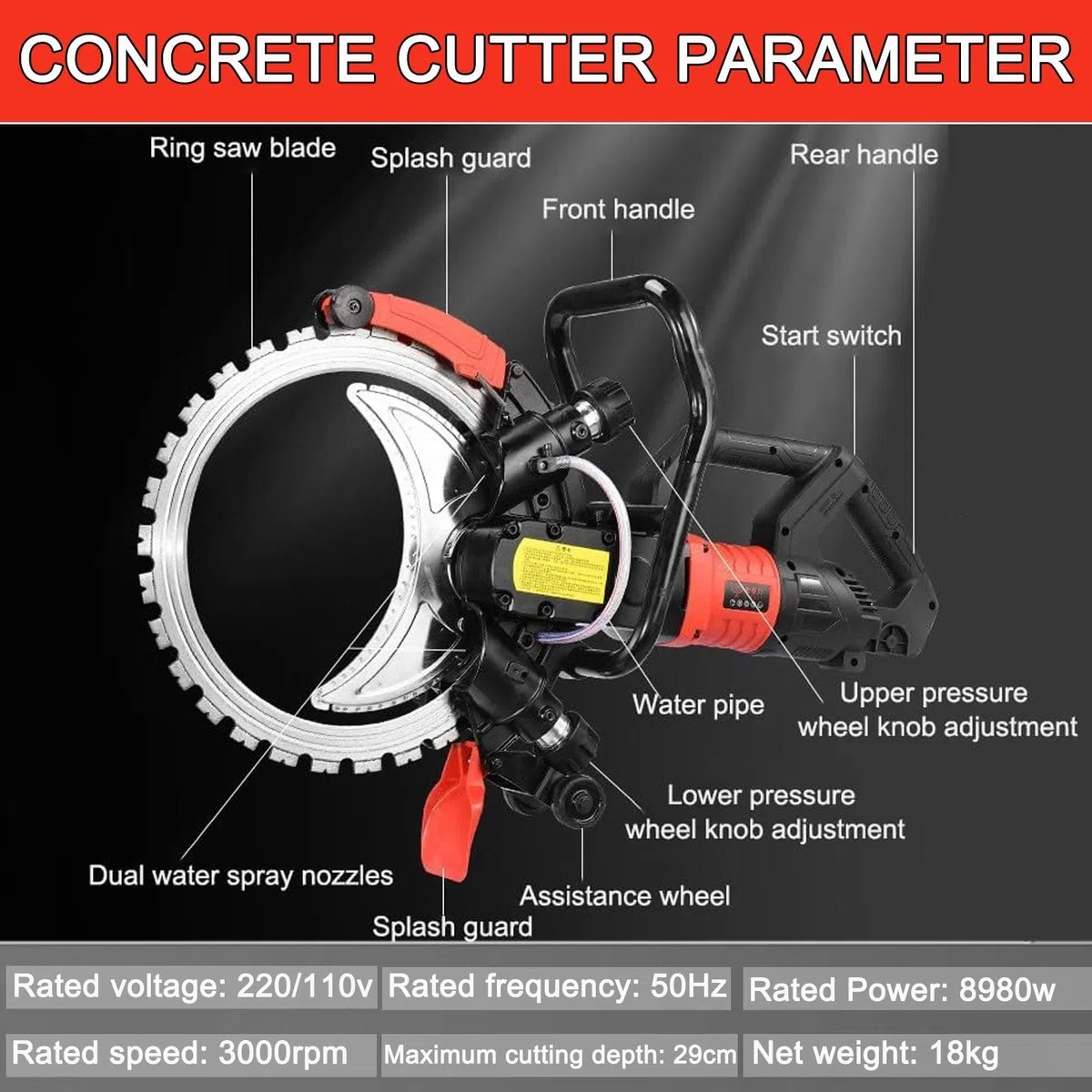 Industrielle BetonringsäGe Mit 8980 W | Intelligente Wasserversorgung Mit Verbindungswasserpumpe | 16-Zoll-Diamantklinge | 29 cm Schnitttiefe | 3000 U/Min | FüR Granit, Beton,1blade