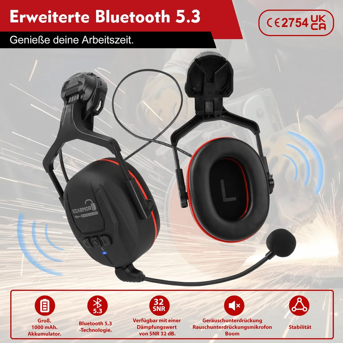 HEARMOR Höhenarbeiten Industriehelm Erwachsene Bauhelm mit Aktivem Gehörschutz ABS Schutzhelm Zertifizierung EN12492 Bestanden EN397 Stoßdämpfung und Eindringfestigkeit Test SNR 32dB mit Bluetooth