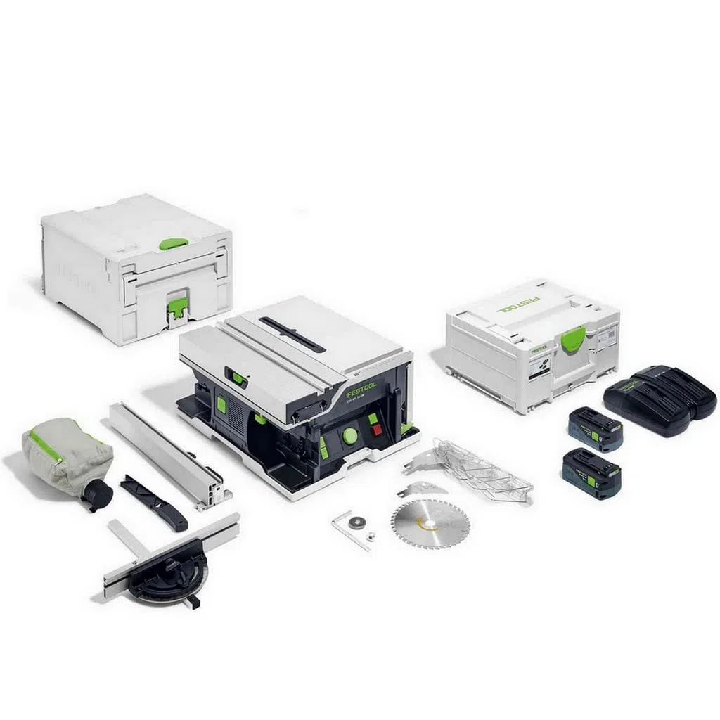 Festool Akku-Tischkreissäge CSC SYS 50 EBI-Plus (mit Kreissägeblatt, Parallelanschlag, Schiebestock, Winkel-Rastanschlag, Spänefangsack, Spaltkeil, Innensechskantschlüssel, Energie-Set)