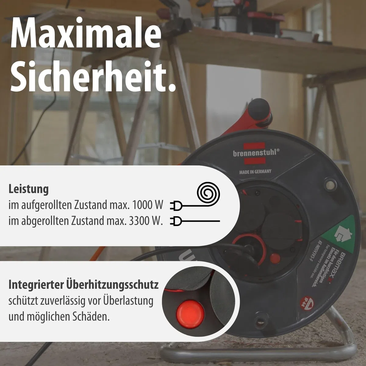 Brennenstuhl Garant V2 IP44 Kabeltrommel 50m Outdoor (Made in Germany, 3 Schutzkontakt-Steckdosen, Überhitzungsschutz, kurzfristiger Einsatz im Außenbereich)