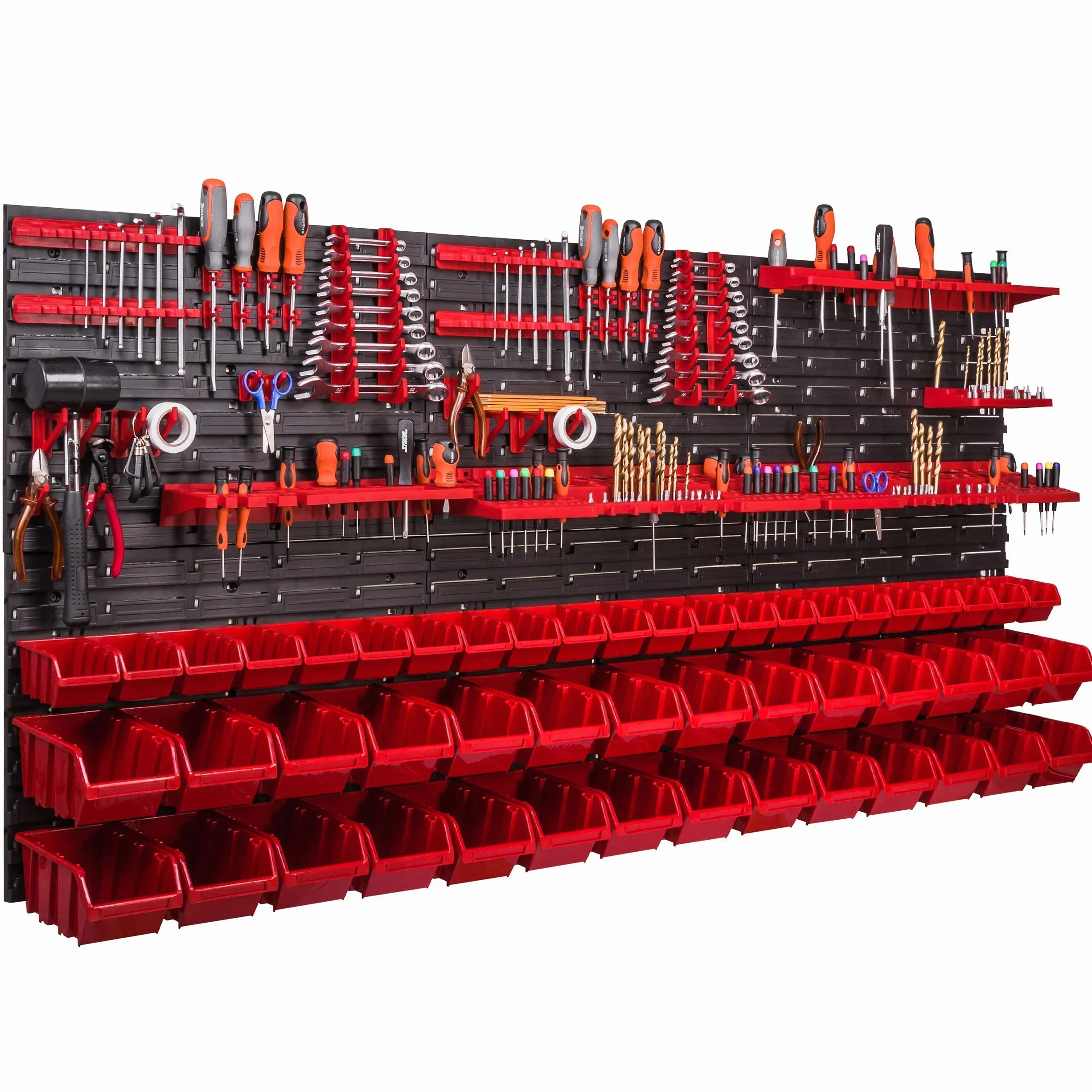 Werkzeugwand 1728 x 780 mm Stapelboxen Werkzeughalter Wandplatte Halterungsschienen Garage Lager Werkstatt Hobby (50 Boxen rot)