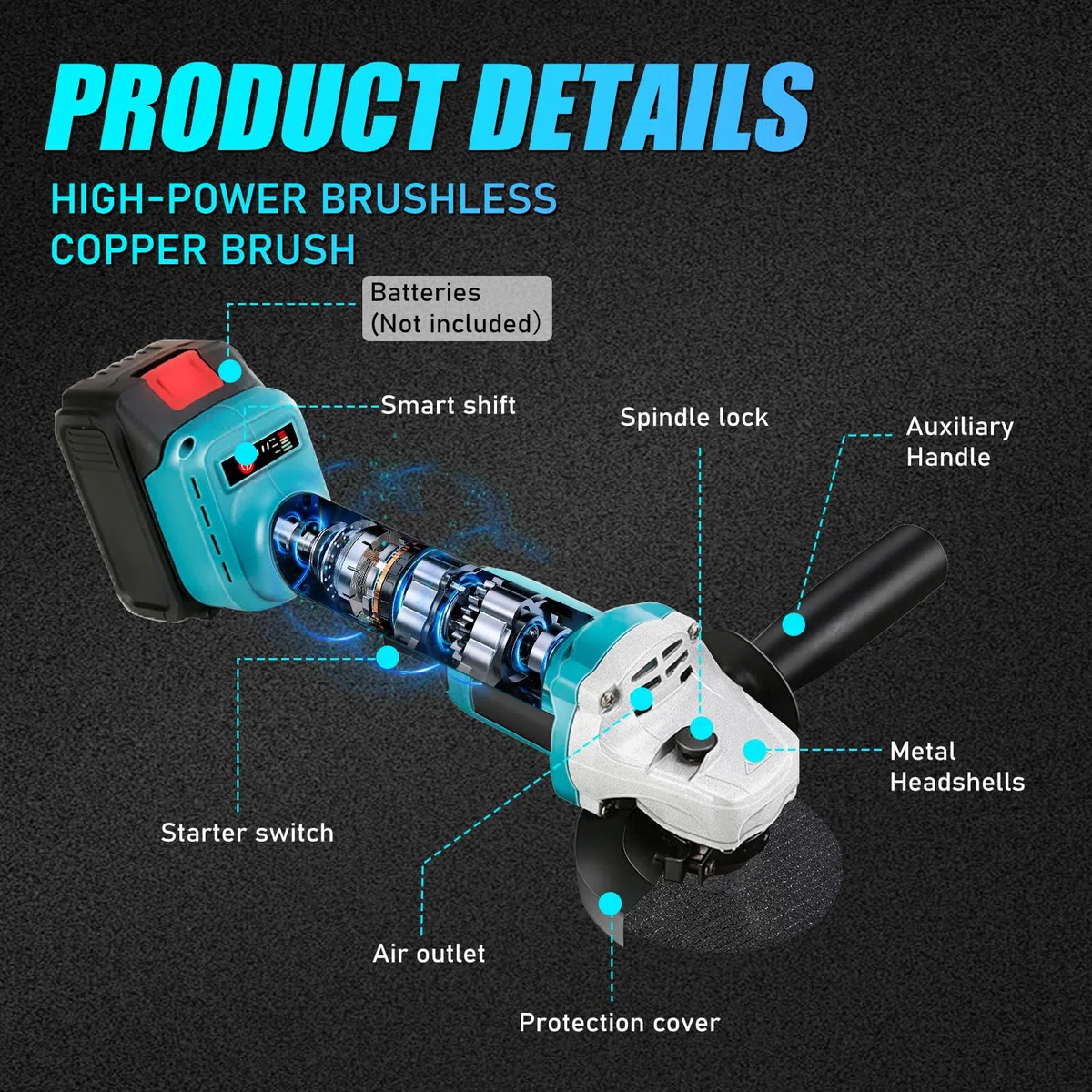 Akku Winkelschleifer Kompatibel mit Makita 18V, 125mm Kabelloser Akku Schleifer Bürstenloser Winkelschleifer mit 1x4000mAh Batterie, Schleifscheiben, Scheibenschutz